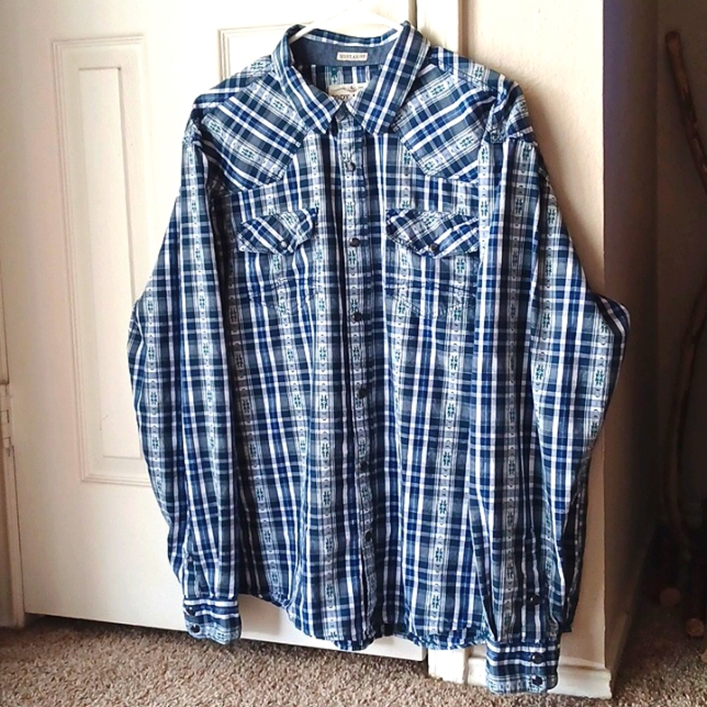 Cody James Black Pearl Snap Green Teal Plaid Western Shirt